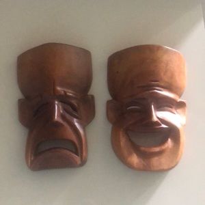 Pair of happy/ sad masks . Wood masks.